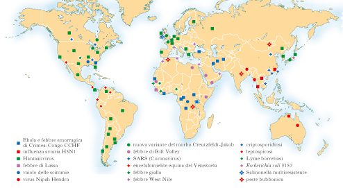 Figura 6 – Distribuzione geografica di alcune malattie infettive. Si nota che le regioni caratterizzate da un clima caldo sono quelle maggiormente interessate, difatti il vettore principe di molte infezioni, la zanzara, predilige habitat umidi