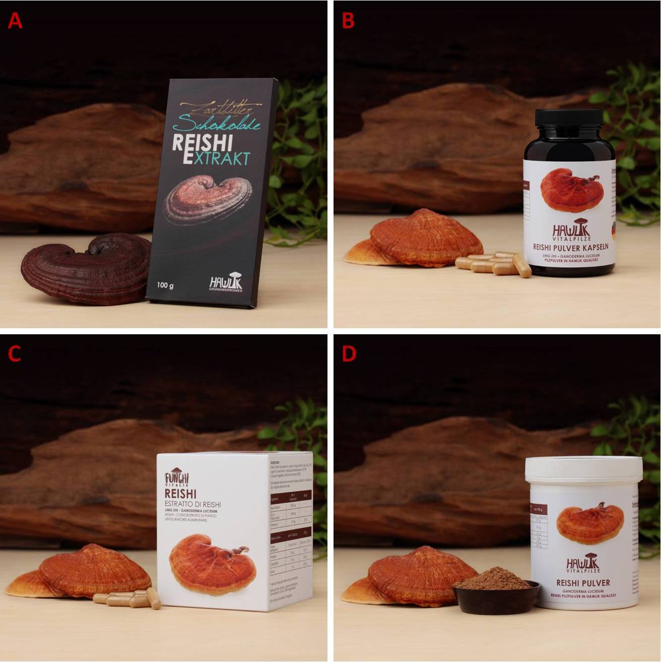 Figura 7 – Integratori a base di G. lucidum in diverse forme: cioccolato fondente con estratto di Reishi (A), polvere di Reishi in capsule (B), estratto di Reishi in capsule (C), polvere di Reishi pura (D)