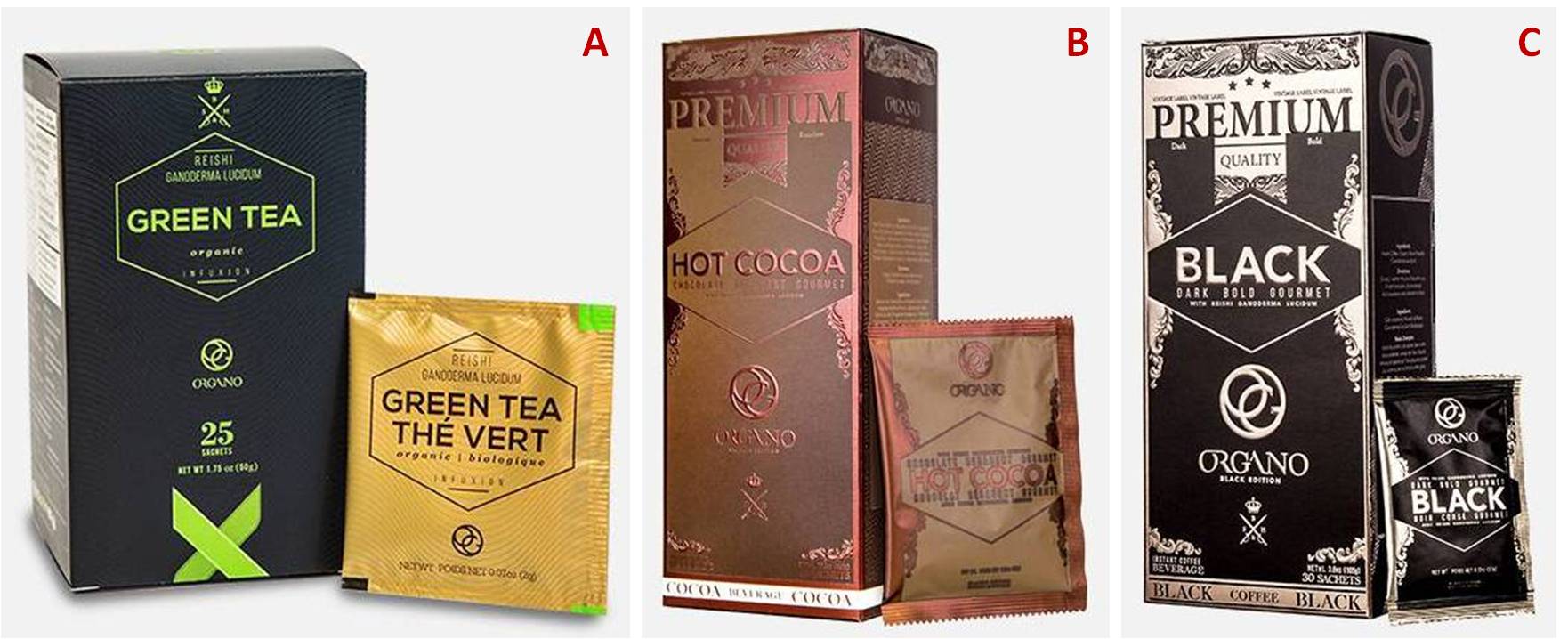 Figura 8 – Tre prodotti di Organo Gold, contenenti il Reishi: tè verde (A), cioccolata calda (B) e caffè nero (C)