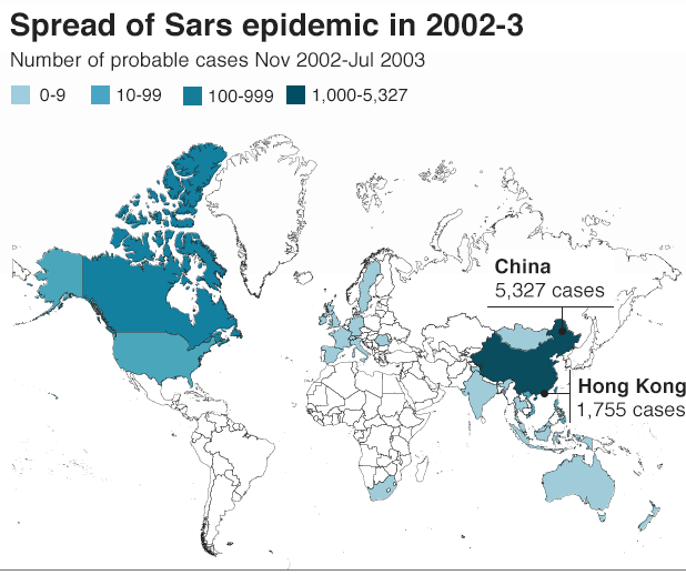 Mappa dei casi globali di SARS tra Novembre 2002 e Luglio 2003