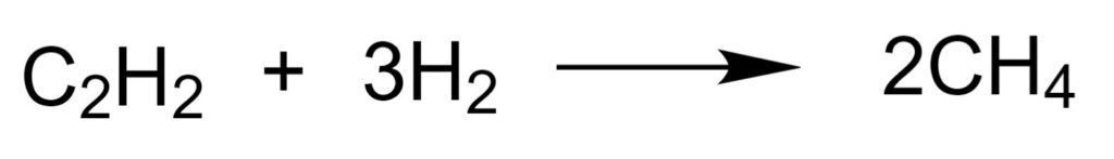 Schema di reazione chimica che a partire da acetilene e idrogeno molecolare porta alla formazione di metano.
