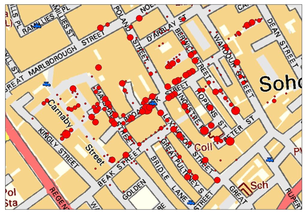  La mappa di John Snow dell’epidemia di colera a Broad Street (Londra), 1854. Sono riportati i casi e la localizzazione delle pompe idriche