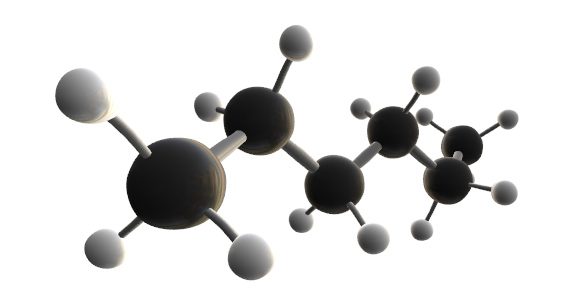 Rappresentazione 3D di una molecola di esano, spesso usata per produrre Olio d'Oliva rettificato