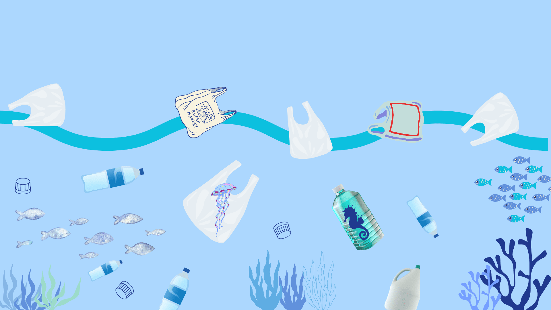 I sacchetti di plastica, più leggeri, sono trasportati lontano dalle coste dalle correnti superficiali. Le bottiglie di plastica, in PET e più dense dell' acqua di mare, tendono ad affondare.