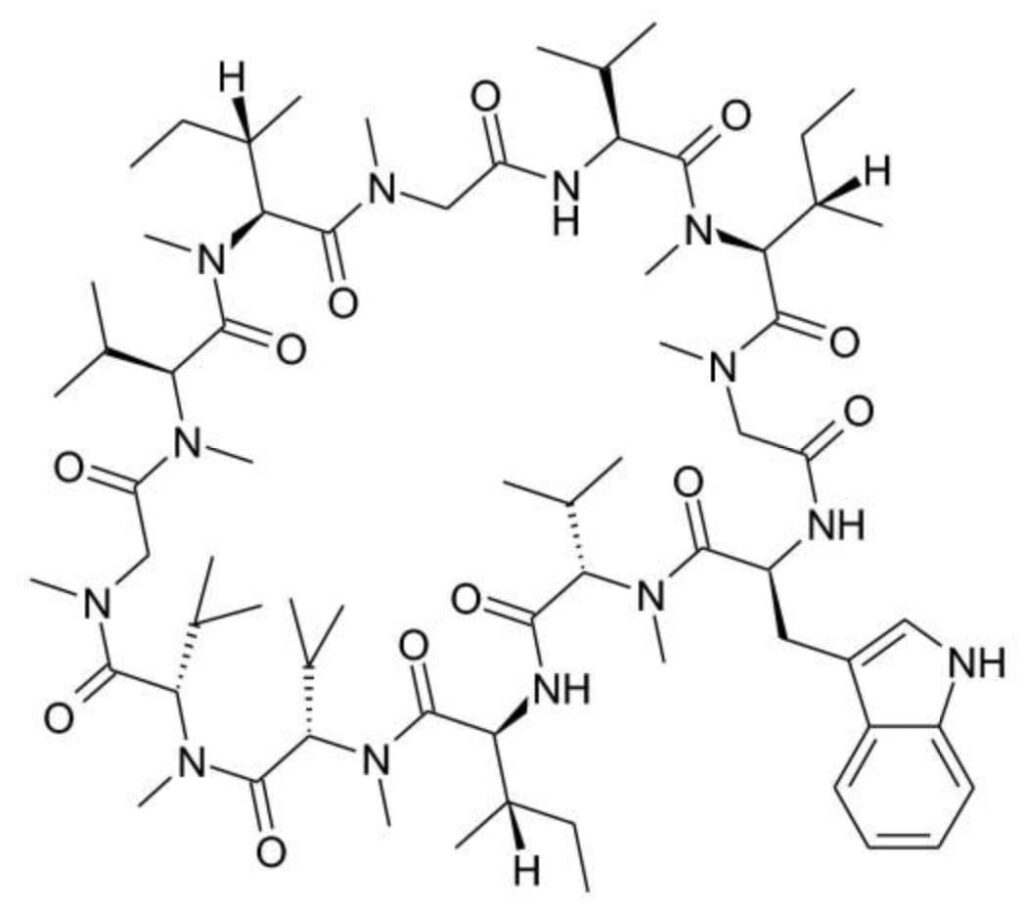 Struttura chimica dell'omfalotina A, un metabolita secondario prodotto da Omphalotus olearius.