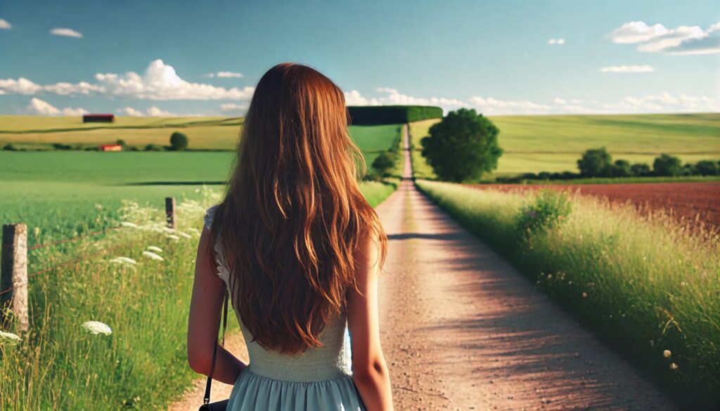 I: ragazza che cammina in una strada di campagna